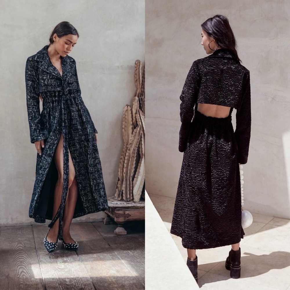 Cult Gaia Aya Matelassé Velvet Open-Back Coat Belted‎ Long Black Size Small NWT